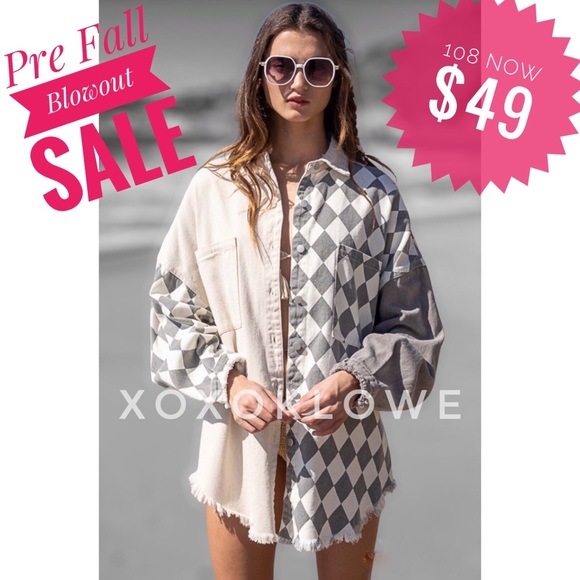 POL Tops - 1 L POL Retro 90s Color Block Harlequin Print Denim Twill Shacket